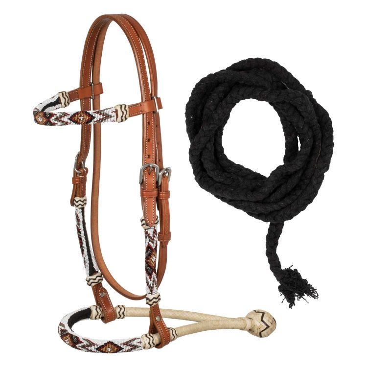 Bridle with beaded soutwest decorations and cottono mecate reins