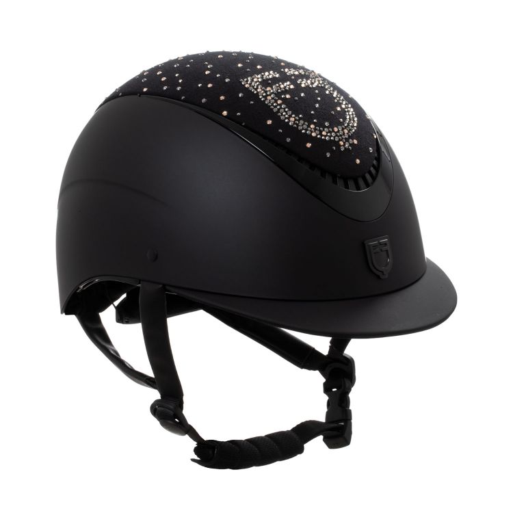 Matt helmet with narrow visor and rhinestone logo