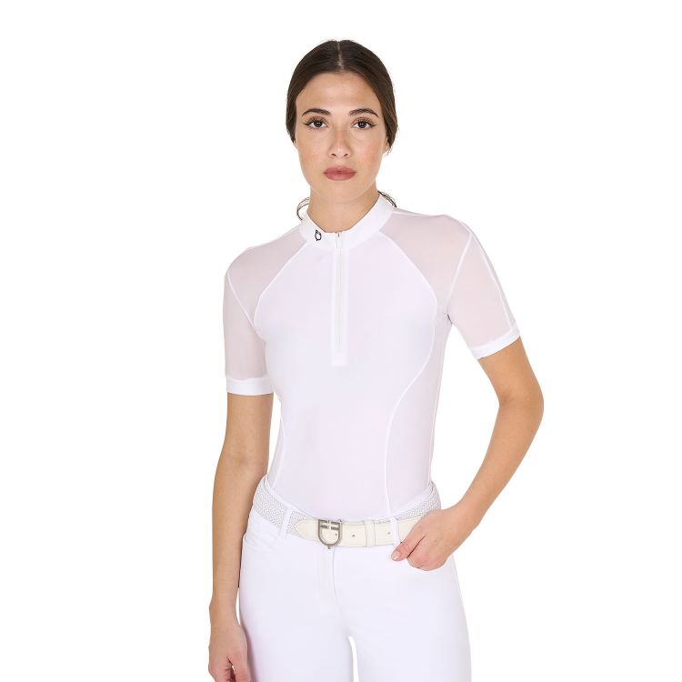 Women's competition polo shirt in stretch tulle with zip